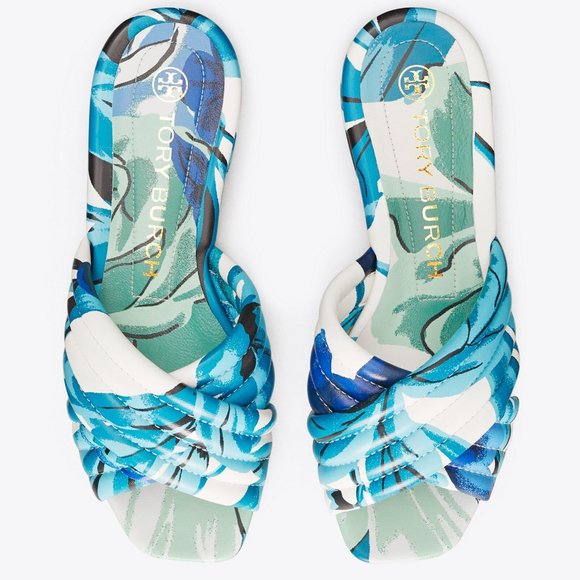 Tory Burch $278 LEATHER KIRA QUILTED FLAT SLIDE Blue Cream 8 8.5 - Picture 1 of 10